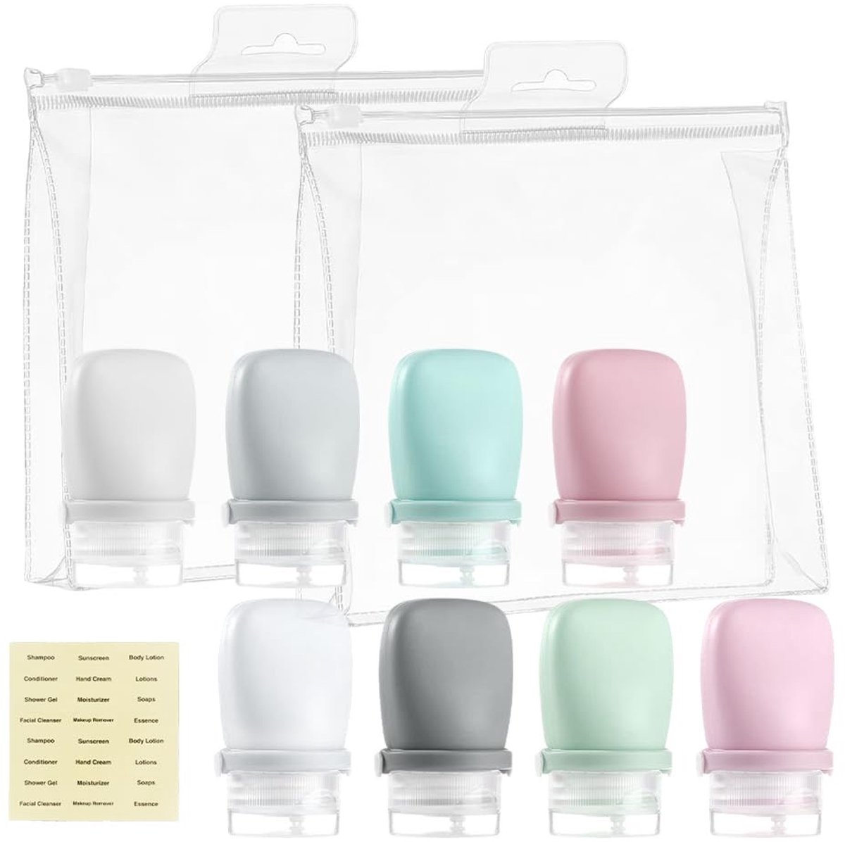 Omgoods- Reisflessen Set - 8 x Siliconen - Lekvrij - Mini Reisformaat - Vloeistoffen - Inclusief Etiketten - 30ml per Fles - Toilettas
