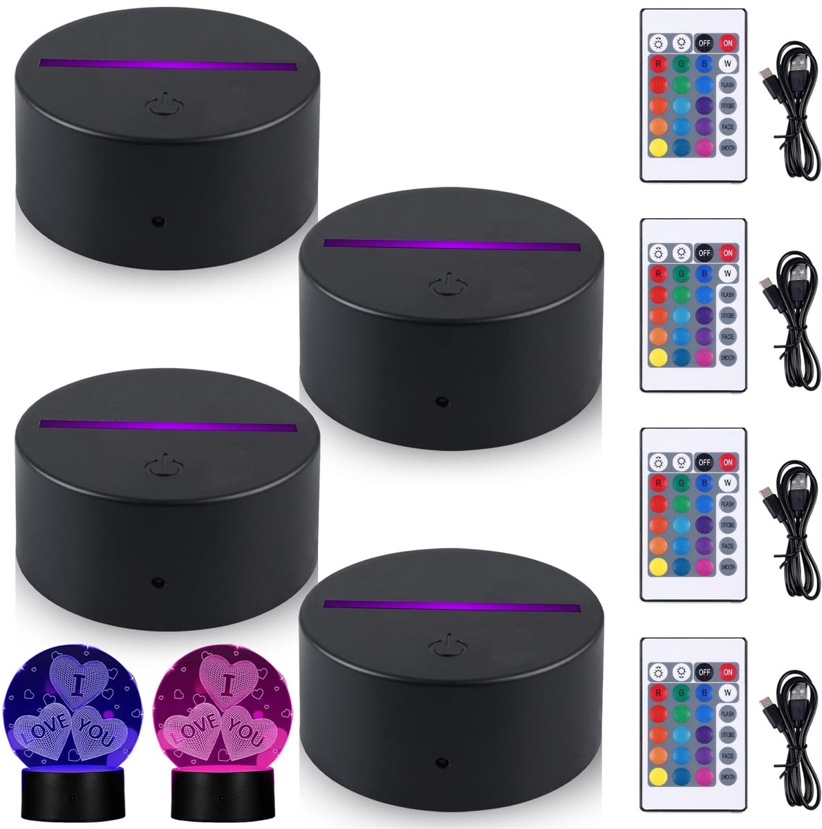 Omgoods - Set van 4 3D LED Nachtlampen met Afstandsbediening