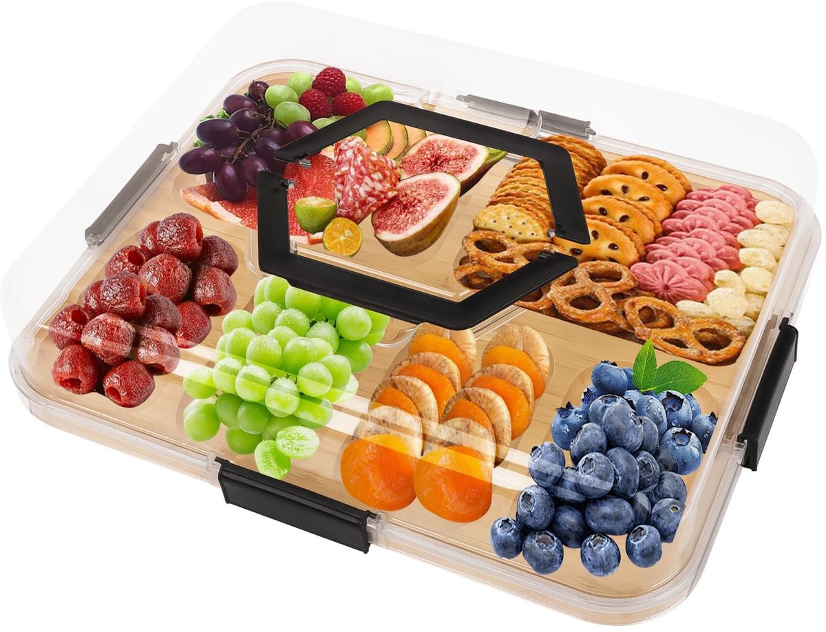 Omgoods- Snackbox met transparant deksel - Draagbare Snackbox Organizer - 6 Vakken - Houten Dienblad - Bamboe en Polycarbonaat - Lekvrij Ontwerp - Snijplank