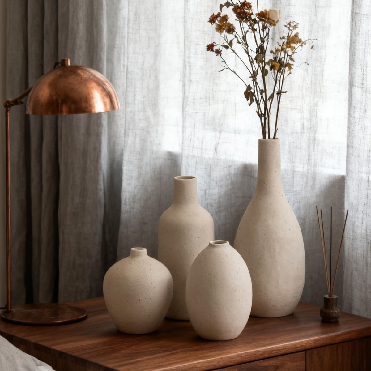 Omgoods - Set van 4 Beige Keramische Vazenn voor Tafel en Plank Decoratie