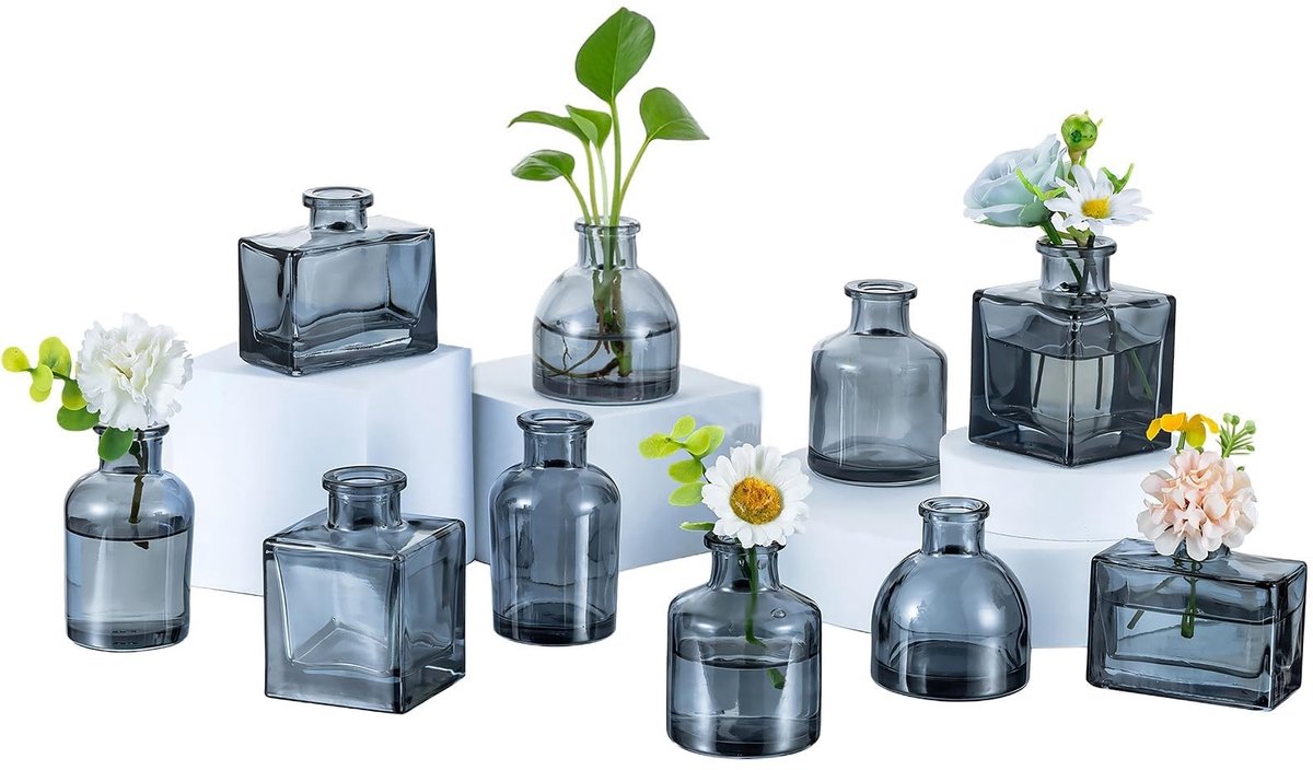 Omgoods - Set van 10 Mini Glazen Vazen voor Decoratie