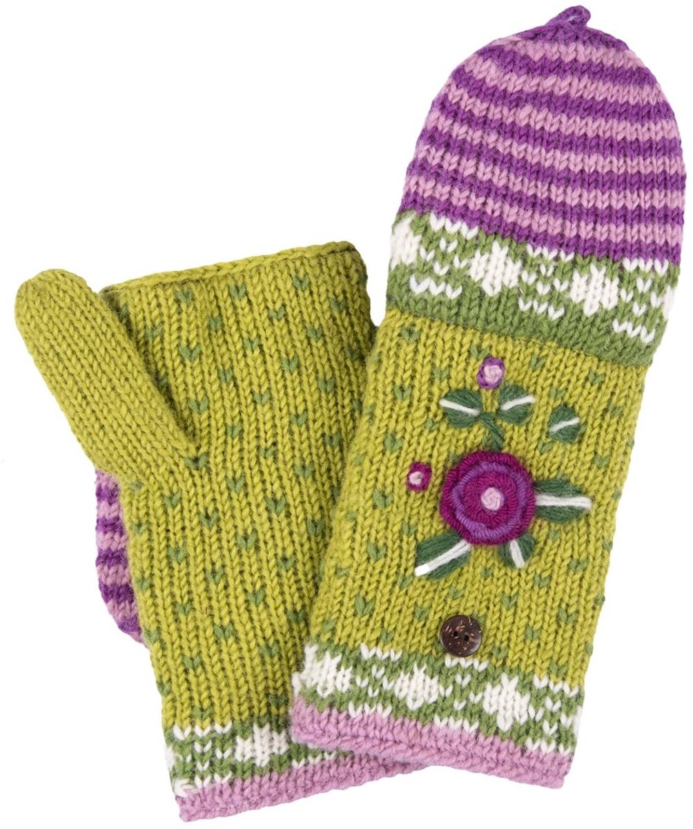 Omgoods - Wollen Wanten voor Vrouwen met Flap, 100% Wol, Groen/Paarse