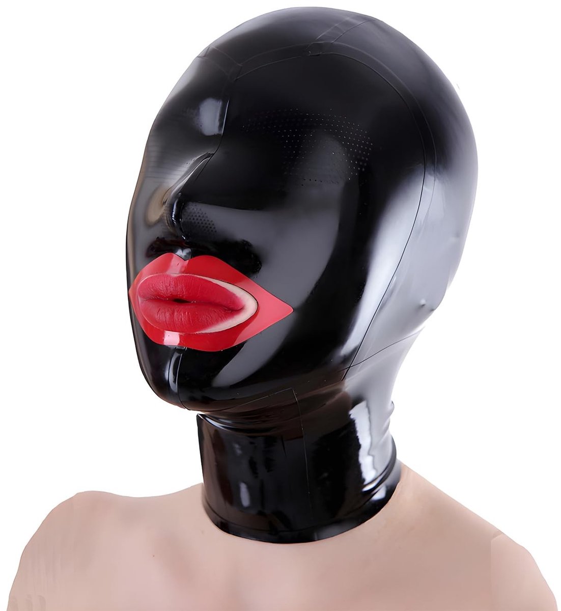Omgoods - Zwart Latex Masker met Rode Monden en Achterrits