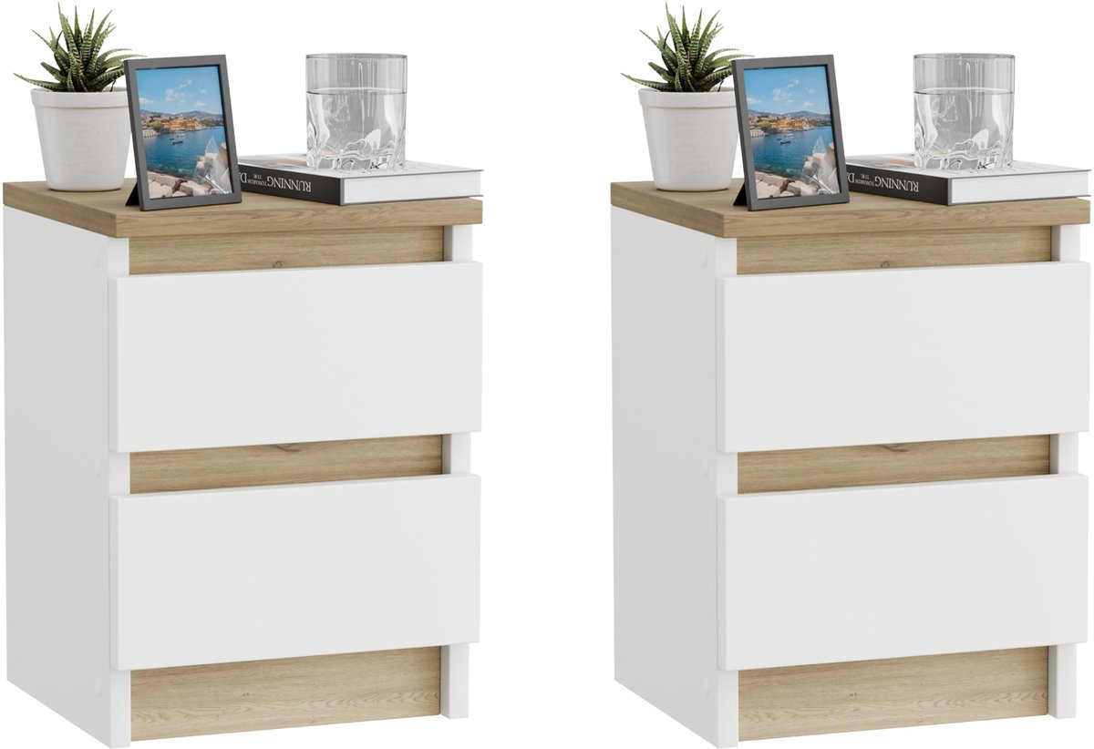 Omgoods - Set van 2 Nachttafels met 2 Lades, Wit/Eiken, Modern