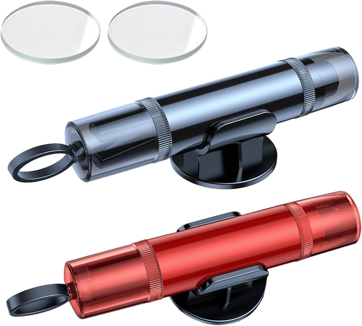 Set van 2 - Nood-autoruitbreker en gordelsnijder - met standaard en testglas - Wolfraamstalen punten (rood en zwart)