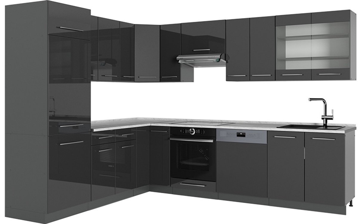 Vicco Hoekkeuken Fame-Line, Antraciet Hoogglans/Antraciet, 287 x 227 cm, WB Marmer