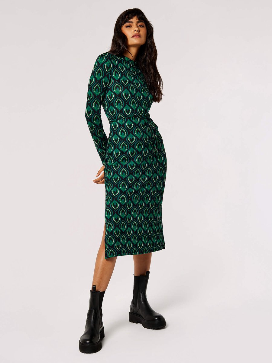 Geo Leaves Print Knit Midi Dress