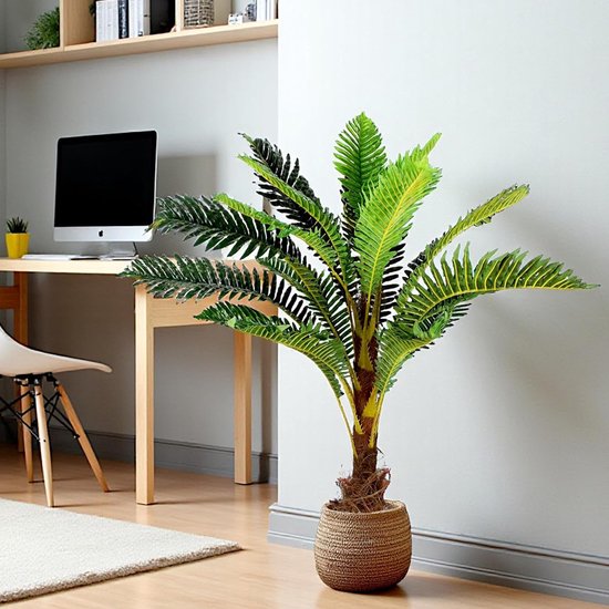 SnelShoppen - Kunstplant Palm 100 cm met 18 Palmbladeren, Realistisch, Kunstpalm in Pot met Palmvezel, Onderhoudsvrij voor Thuis, Kantoor of Tuin