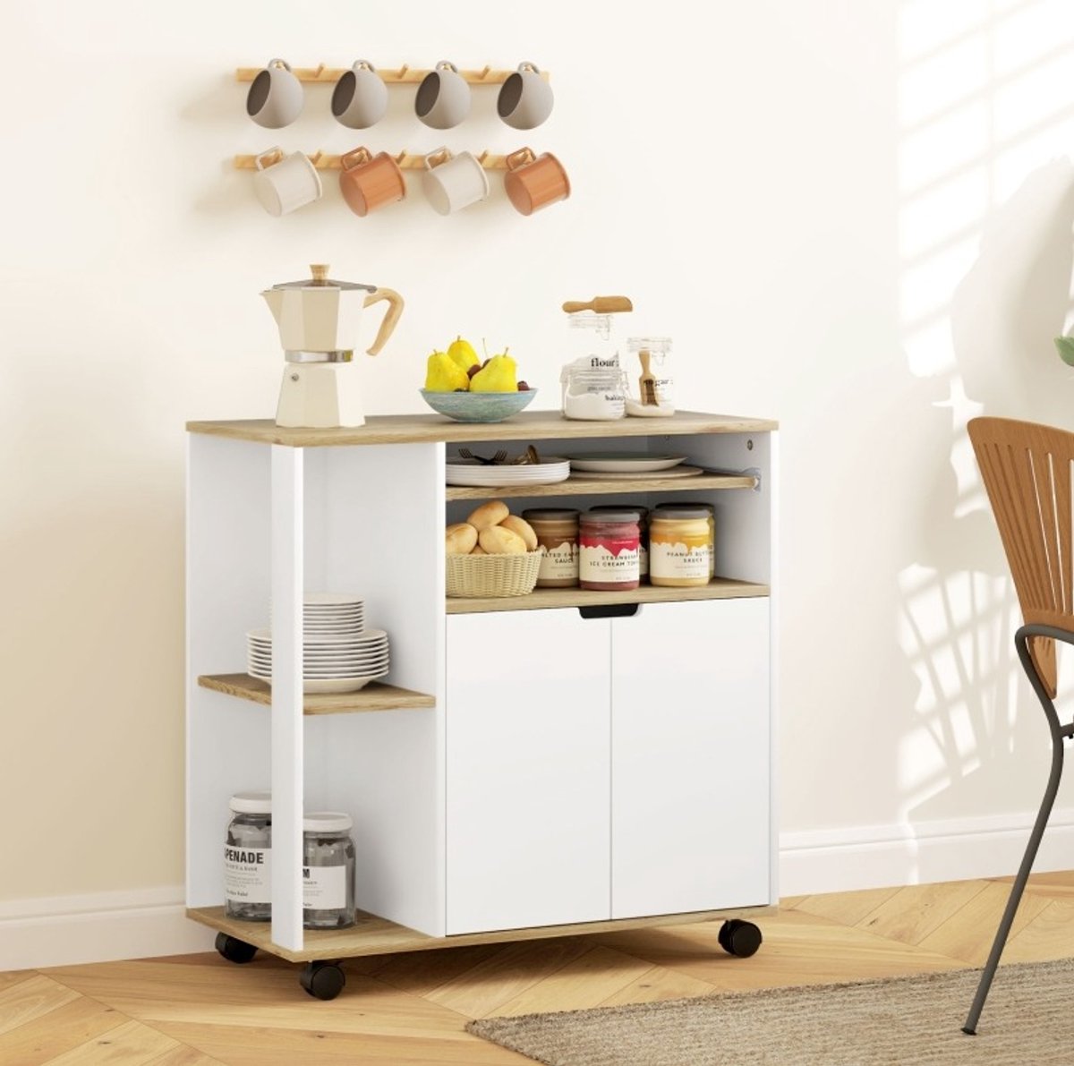 COVREO Keukenkast 80 x 40 x 82 cm wit, naturel hout, op wielen, verstelbare plank