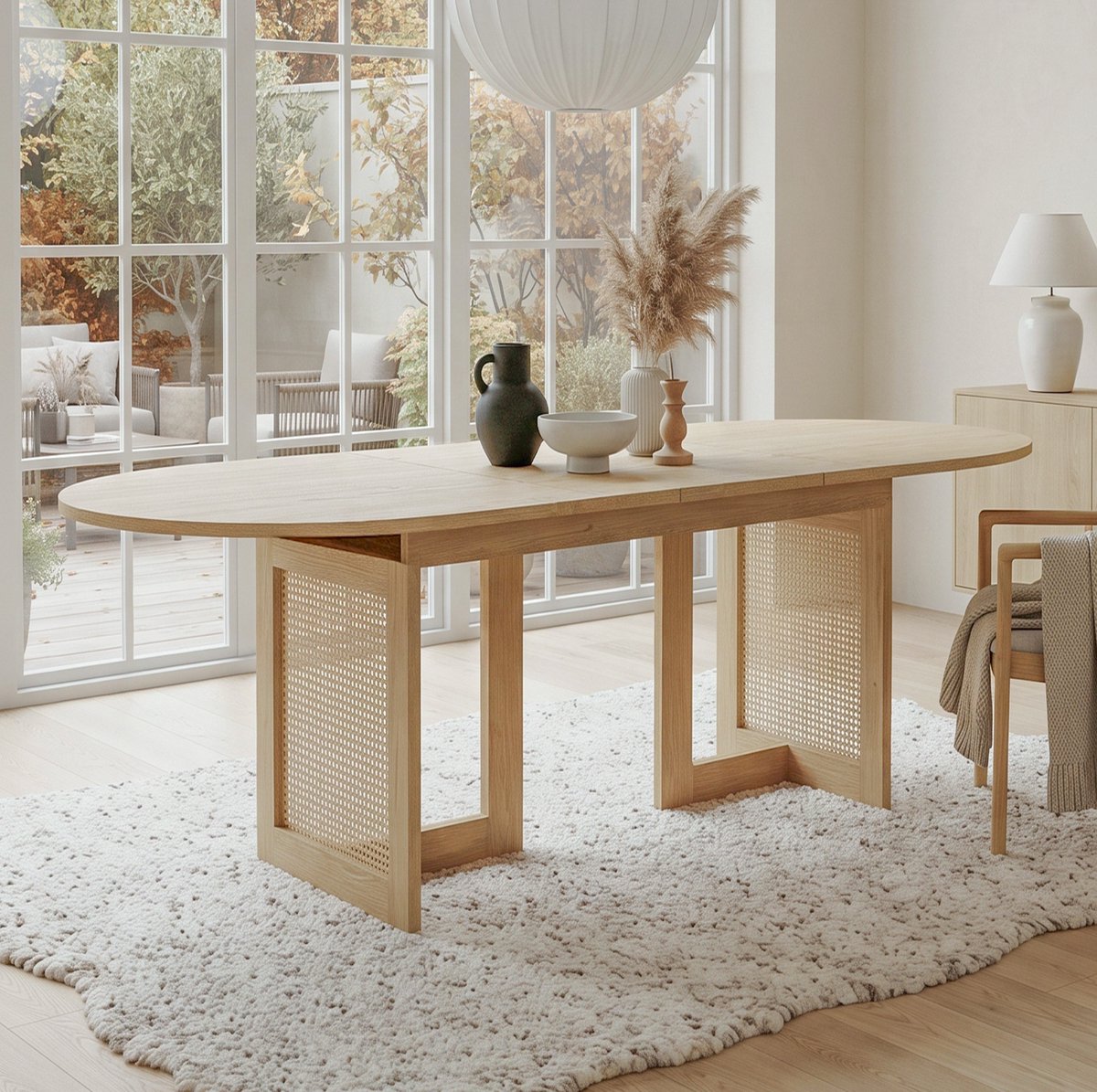 FloraGrace Eettafel - Uitschuifbaar Met Afgeronde Hoeken En Rattan Details - Voor 6 Tot 8 Personen - MDF - 150/200x90x75 Cm - Eikenkleur