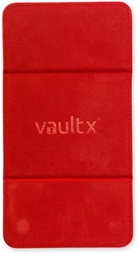 Gesloten rode kaartenhouder van Vault X, die plat ligt.