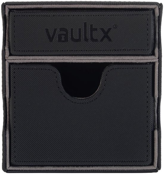 Zwarte Vault X kaartenhouder met schuifladefront en logo.