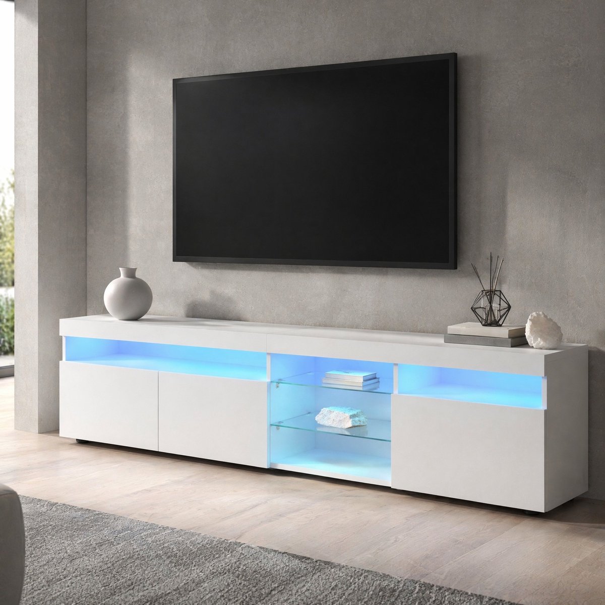 COVREO TV-meubel 180x35x48 cm wit, MDF met LED-verlichting en 3 deuren