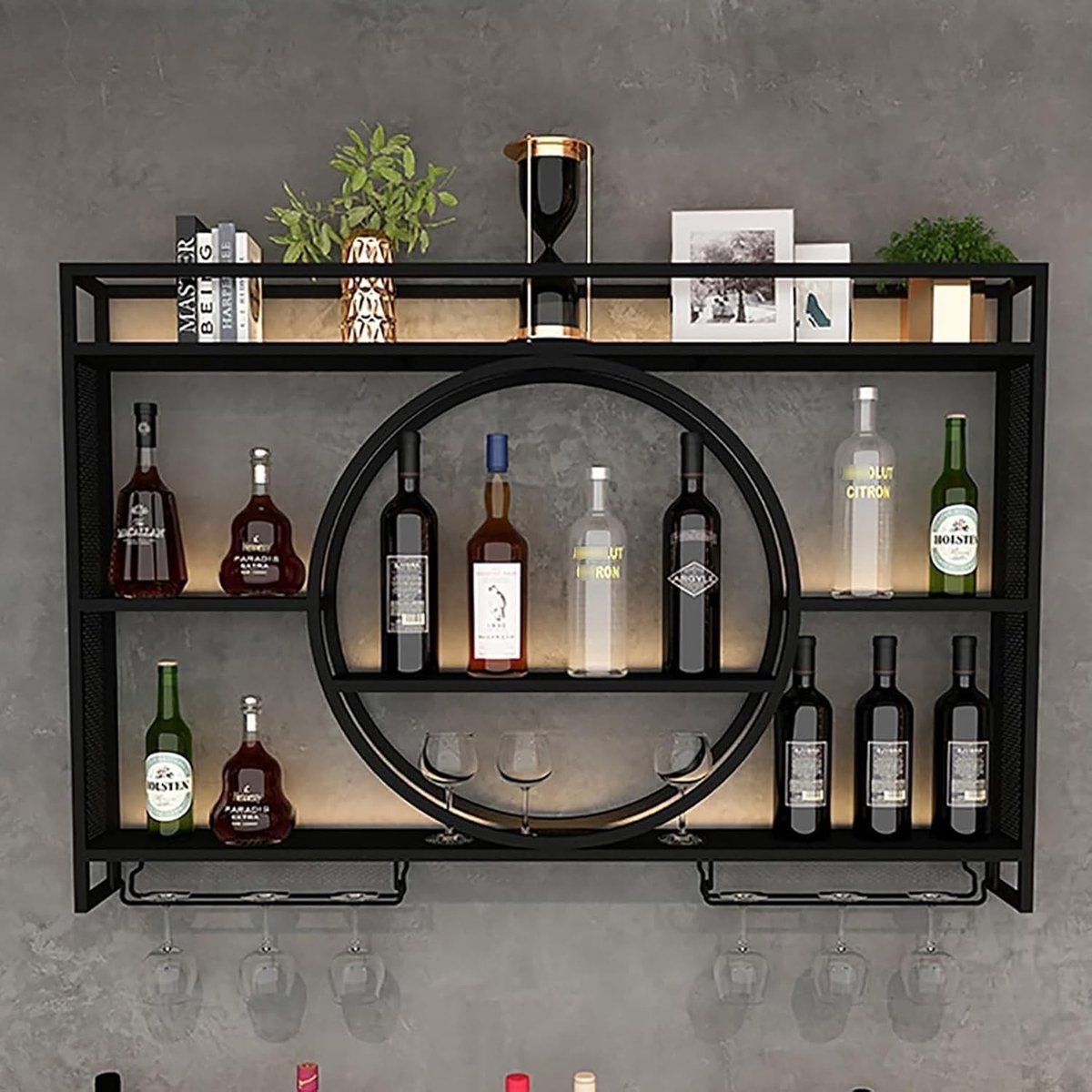 Multifunctioneel Wandmontage Wijnrek voor Thuis, Bar en Keuken - Stijlvolle IJzeren Flessenhouder en Glazenrek voor Wijnbeheer en Decoratie