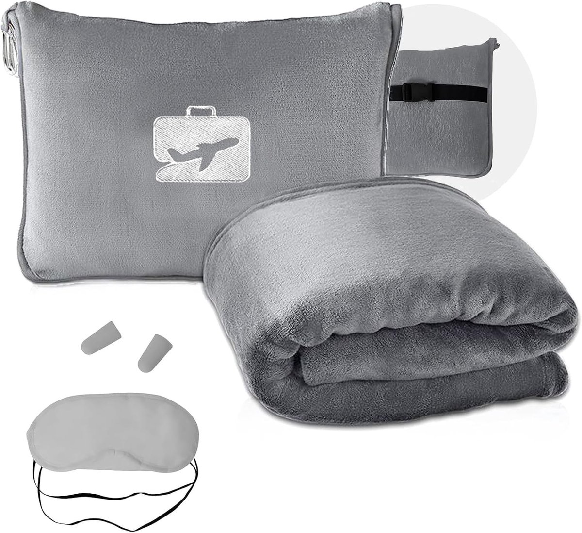Comfortabele 2-in-1 Reisdeken met Kussen voor Vliegtuig en Auto, Ideaal voor Reizen, Kamperen en Thuisgebruik, Inclusief Slaapmasker en Oordopjes, Grijs, 61x130cm