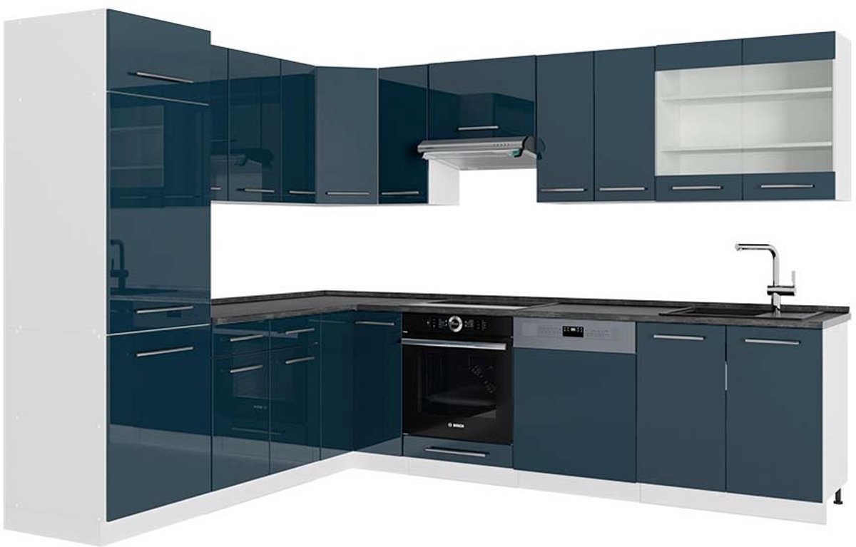 Vicco Hoekkeuken Fame-Line, Donkerblauw hoogglans/Wit, 287 x 227 cm, WB Antraciet