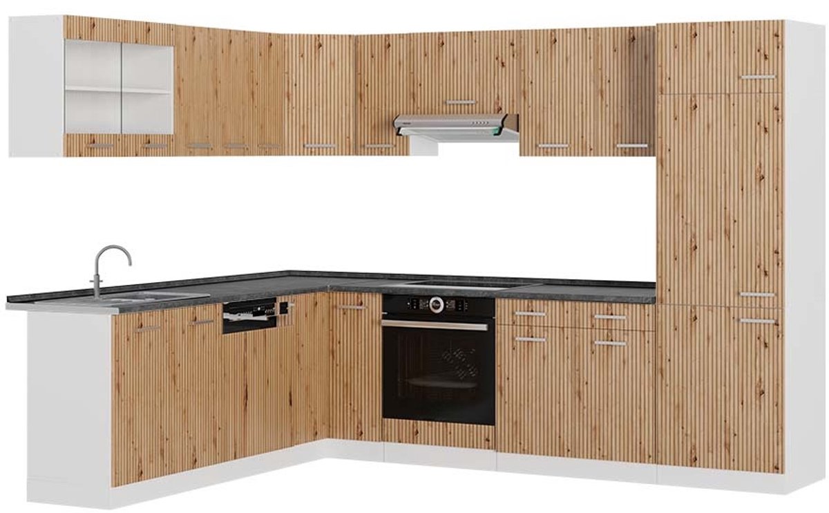 Vicco Hoekkeuken R-Line, Artisanaal eiken/Wit, 287 x 227 cm, WB Antraciet