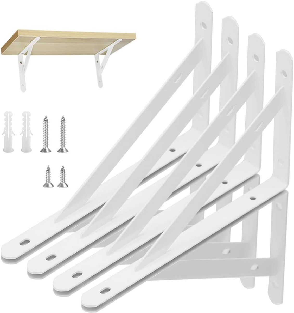 SnelShoppen - Zware Triangulaire Plankdragers voor Wandmontage, 8 Inch, Wit, 8 Stuks, Roestvrij Staal, Eenvoudig te Installeren, Stevige Planksteun vo