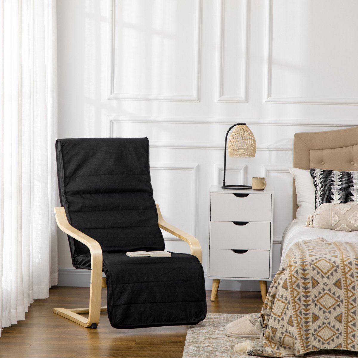 COVREO Relaxfauteuil 66,5x94x100 cm zwart, houten frame verstelbare voetensteun