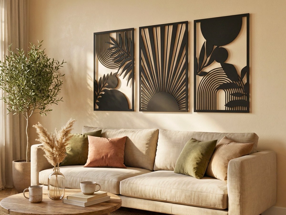 Wanddecoratie Boho Stijl, Houten Wandbeeld, 3D Wanddecoratie voor Thuis, Moderne Beelden voor Huis Kantoor Slaapkamer, Woonkamer - 150x77cm
