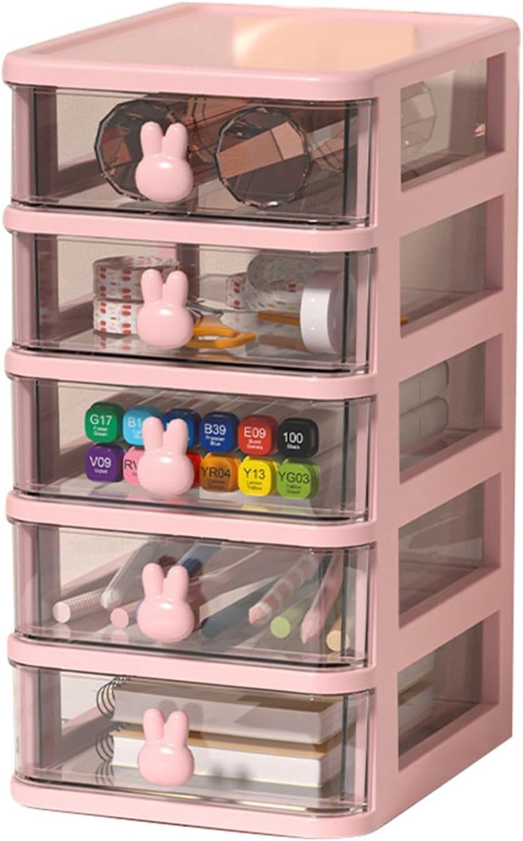 SnelShoppen - Kleine Multi-tier Bureau Opbergdoos met 5 Laagjes, Transparante Opbergladen met Konijnenhandvat voor Kantoor, School, Thuis en Creatieve