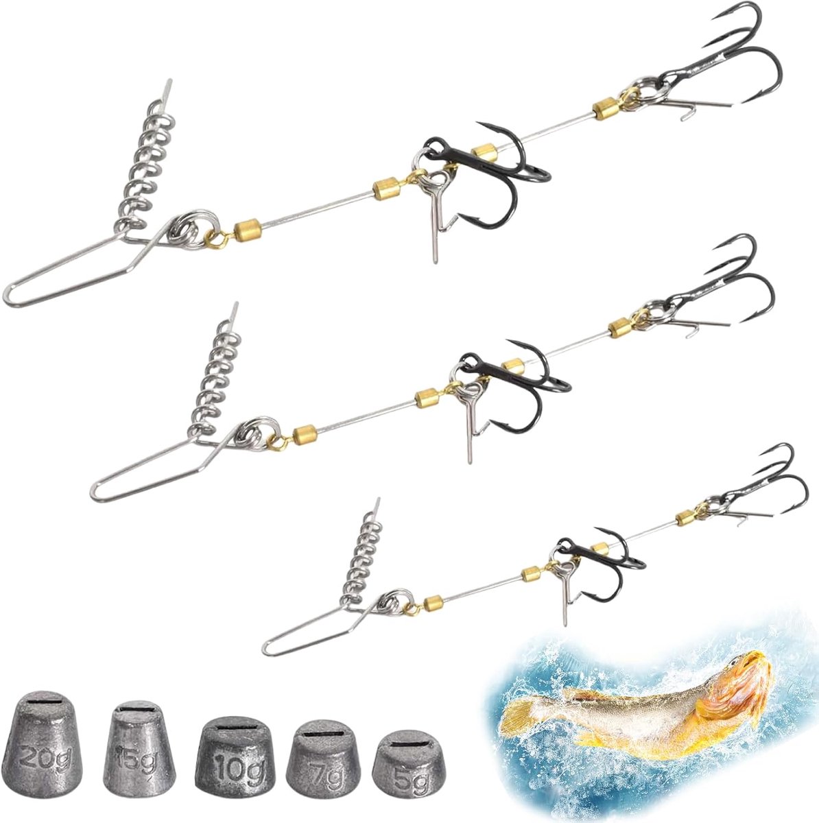 SnelShoppen - Triple hooks voor soft bait - 3-delige set met verwisselbare gewichten 5g, 7g, 10g, 15g, 20g - Perfect voor rubber vis, maten 10, 13, 18