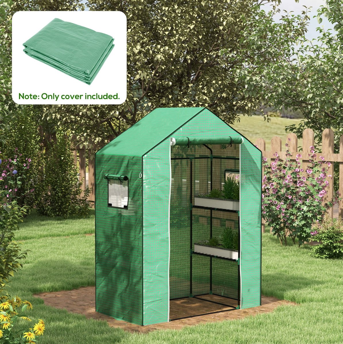 COVREO Kasfolie 140x73x190 cm groen, kunststof met roldeur en zijvensters