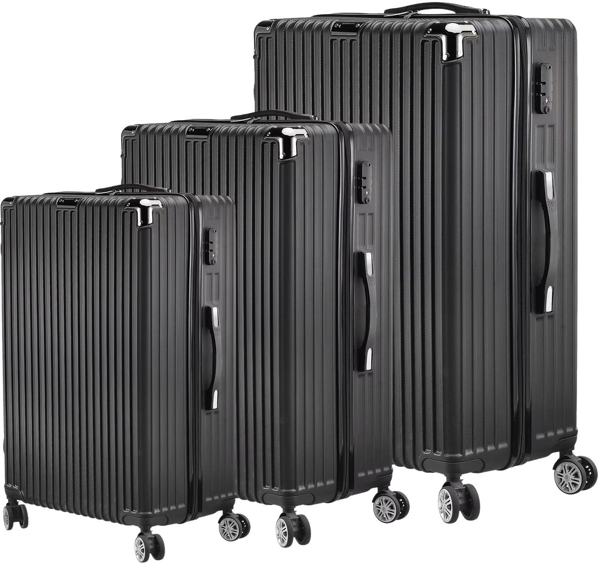 Kofferset - 3 - Delige Set met 360° Draaibare Wielen, Verstelbare - Zwart Black