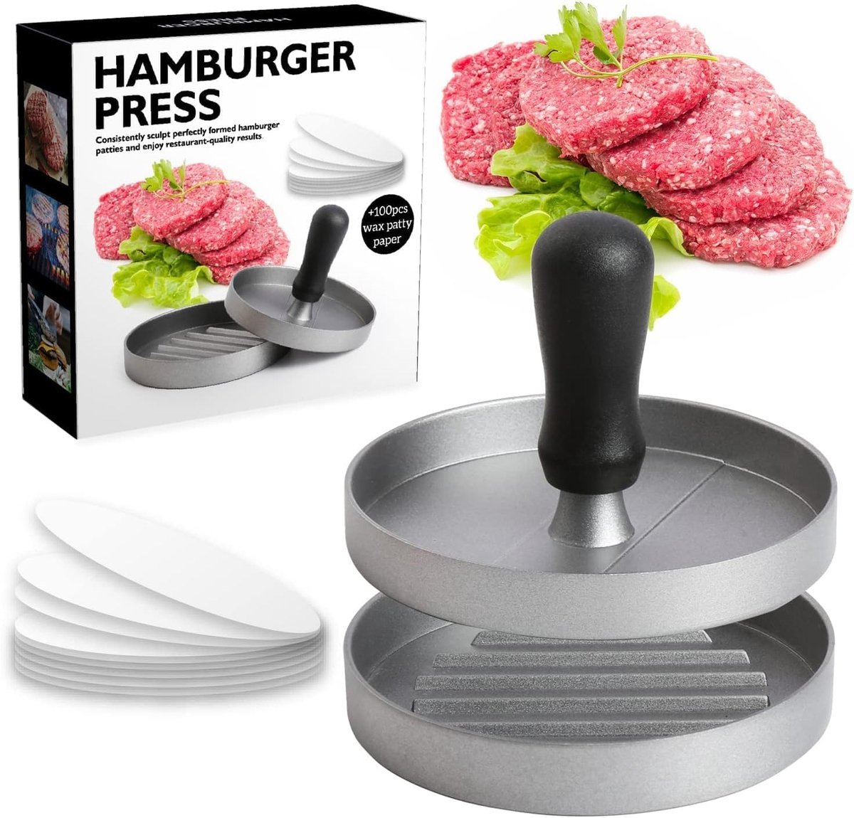 Burgerpers, steakvorm van aluminium, antiaanbaklaag, 100 vellen bakpapier, keukengerei voor het maken van heerlijke hamburgers, pasteitjes en barbecues