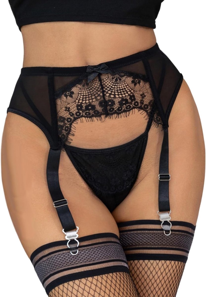 ohyeahlady Sexy jarretelgordel voor dames, kant met clips, jarretelgordel, grote maten, jarretelgordel, kousenband, jarretelgordel, mesh, jarretelriem, bretels met 4 houders