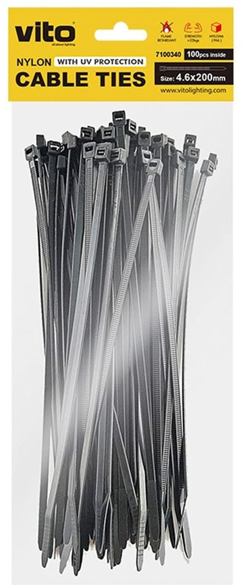 VITO Kabelbinder 4.6x200mm - Zwart - Met UV-bescherming - 100 stuks - duurzame Kabelklem - Voor buitengebruik en langdurige bevestiging