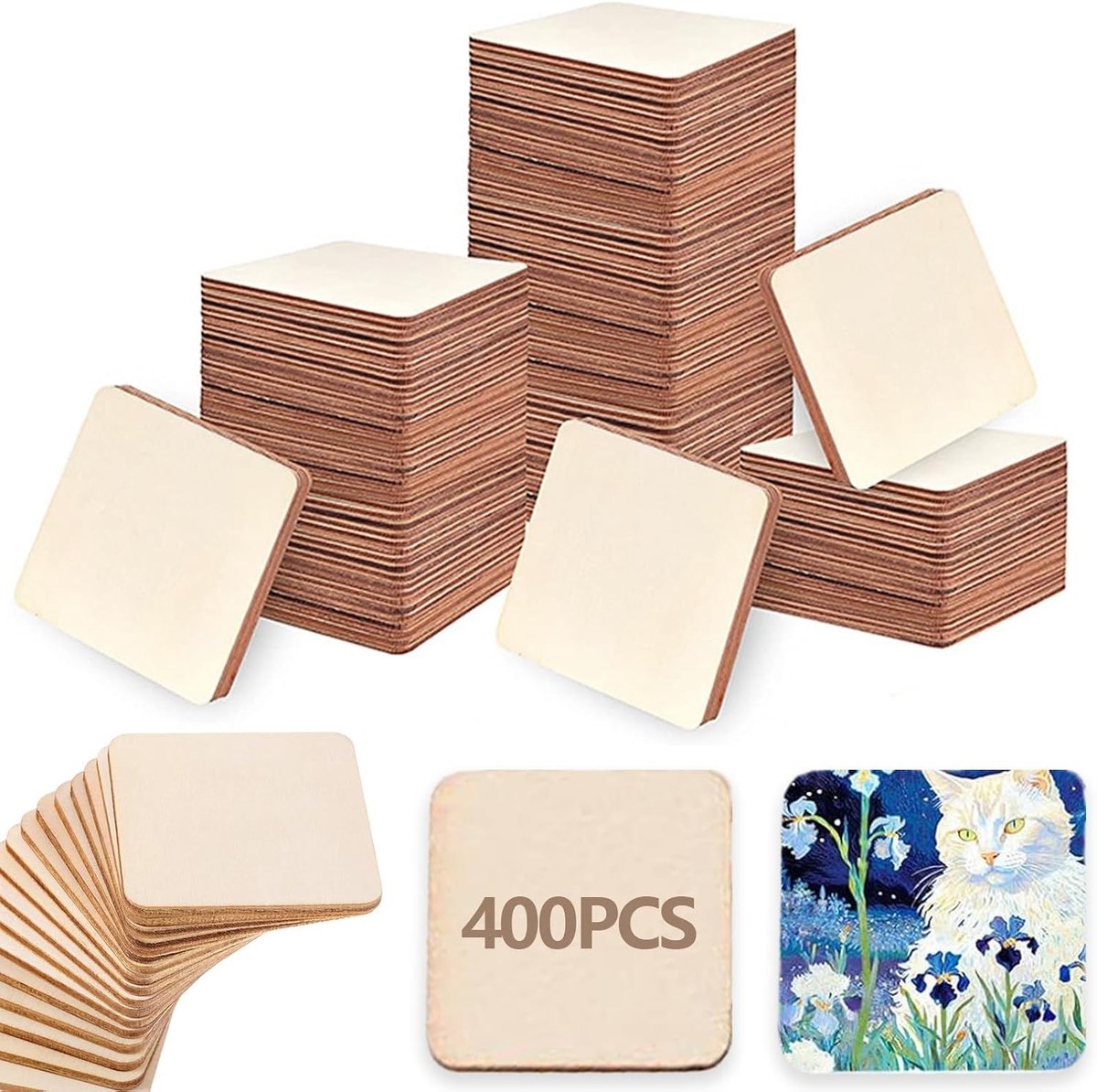 400 Stuks Houten Vierkante Schijven 2 x 2 cm voor Creatieve Projecten, Decoratie en Modelbouw