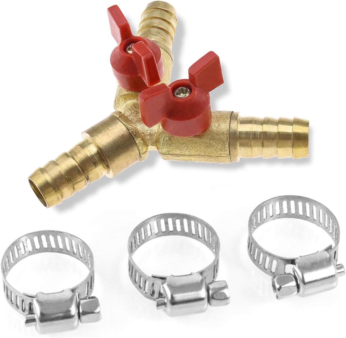 1 stuk 3-weg slangconnector met afsluitkranen 10 mm messing Y-vormige slangaansluiting kogelkraan 2 schakelaars met klemmen aftakventiel connector voor timmerarmatuur, lucht water gas