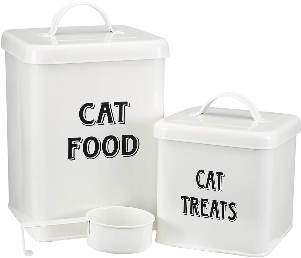 Voedsel en behandelt Containers Set met Scoop voor Honden - Vintage Cream Poedercoating Koolstofstaal - Tight Fitting Deksels - Opslag Canister Tins Small, CAT FOOD, Kleur: wit