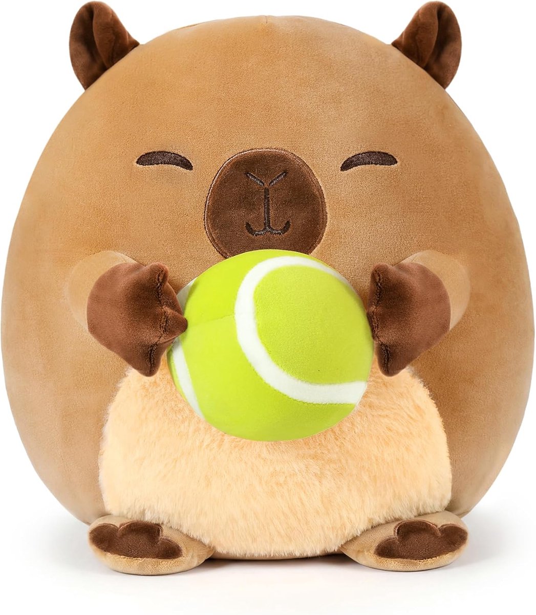 shownicer Knuffeldier, capibara, knuffeldier met tennis, Kawaii Capybara, pluche kussen, speelgoed, werpkussen, cadeau voor kinderen, jongens van 3 jaar (Capybara en tennis, 35 cm)