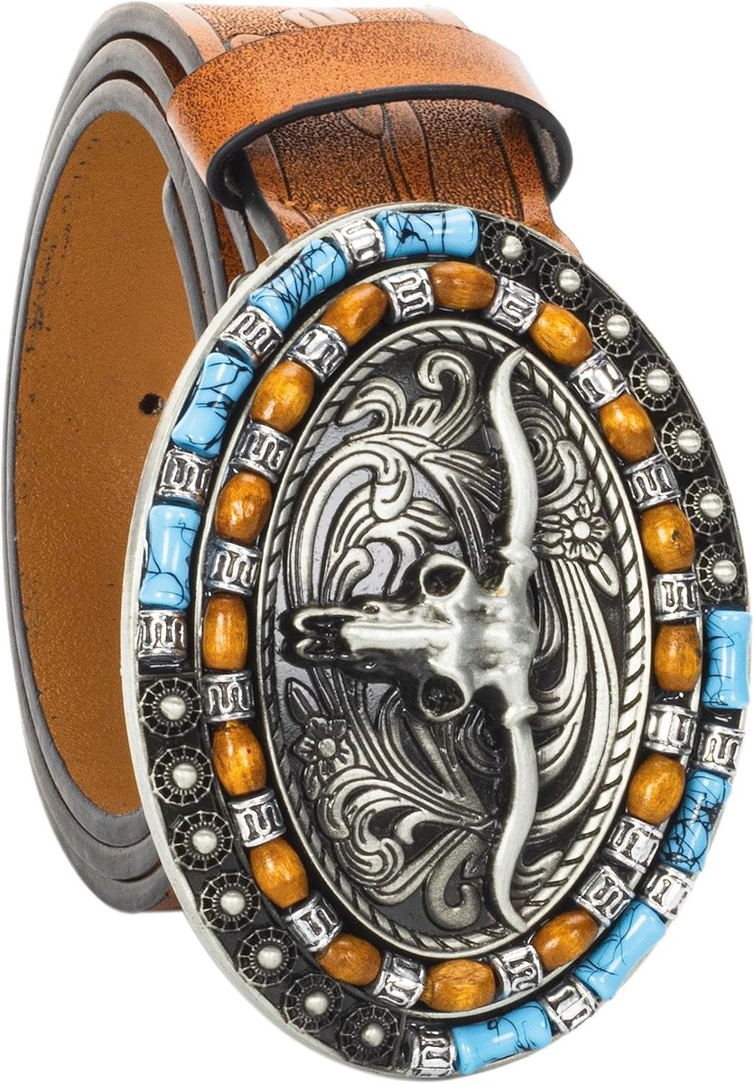 Riemen-met-longhorn-stier-patroongesp - bloemen gegraveerde heupriem gesp riem voor vrouwen