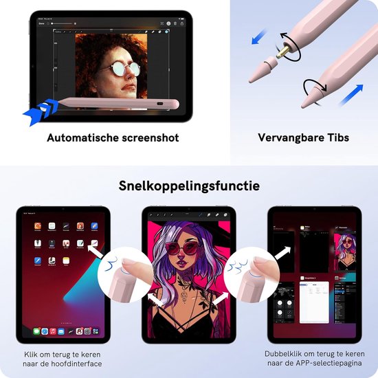 Stylus Pen voor iPad met Draadloos Opladen, iPad Pencil - Compatibel met iPad Air 5/4, iPad Mini 6, iPad Pro 11" 4/3/2/1, iPad Pro 12,9" 6/5/4/3 (Roze) — afbeelding 3
