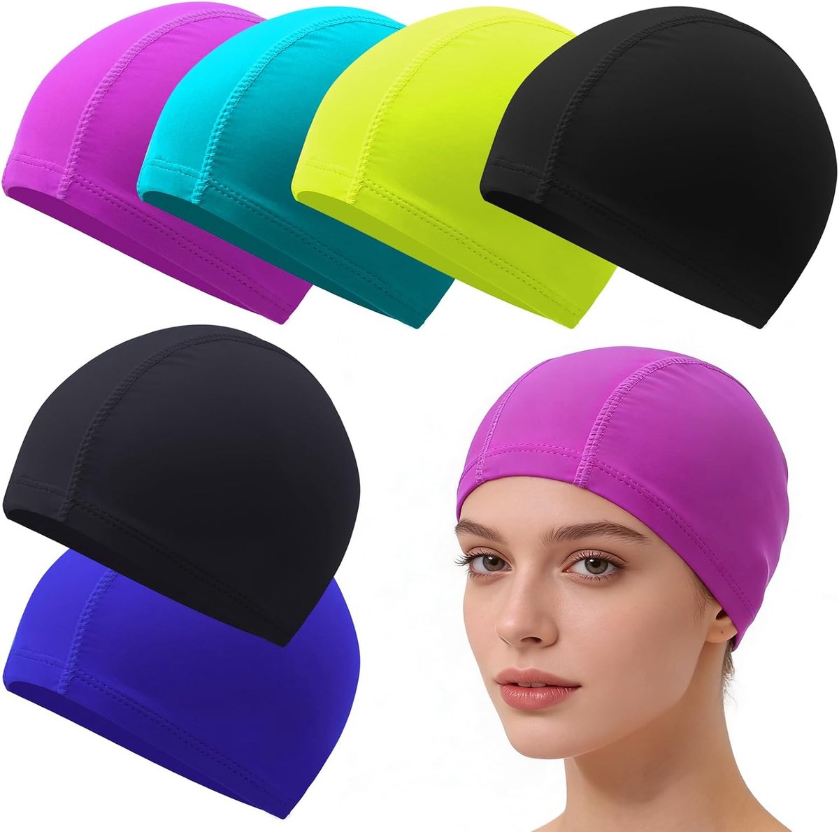 6 stuks badmutsen voor dames en heren, lycra, klassieke stoffen badmutsen met oorbescherming, flexibele badmutsen, zachte en comfortabele badmutsen