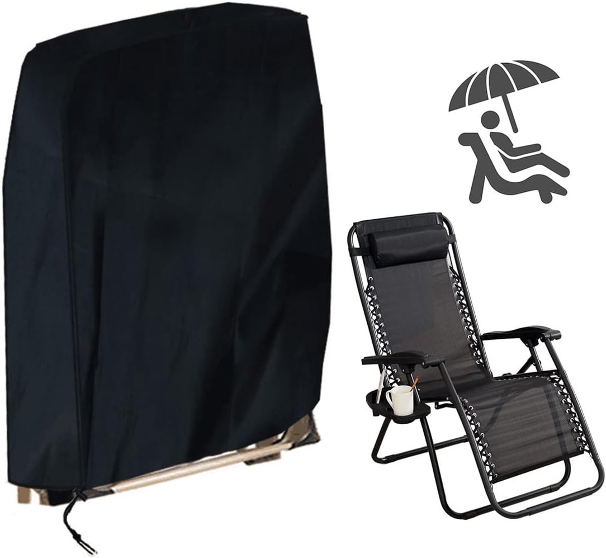 210D Klapstoelhoes, inklapbaar, waterdicht, winddicht, UV-bestendig, Oxford-weefsel, beschermhoes voor relaxstoelen, tuinligstoel, zonnebed, zwart (96 x 85 cm)