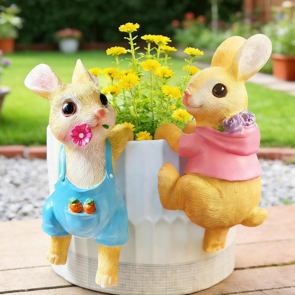 2 paashaas tuindecoratie voor buiten, haas bloempothangers, figuren, paashaas, tuinfiguren, paastuinfiguur, paastuindecoratie, standbeelden, haas, grappig tuinbeelden, lente tuinfiguren