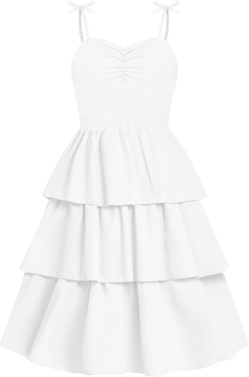 Meisjes Spaghetti Strap Jurk Kinderen Zomer Strik Gesmokte Gelaagde Swing Jurken Casual Elegante Zonnejurk voor Meisje 5-13 Jaar