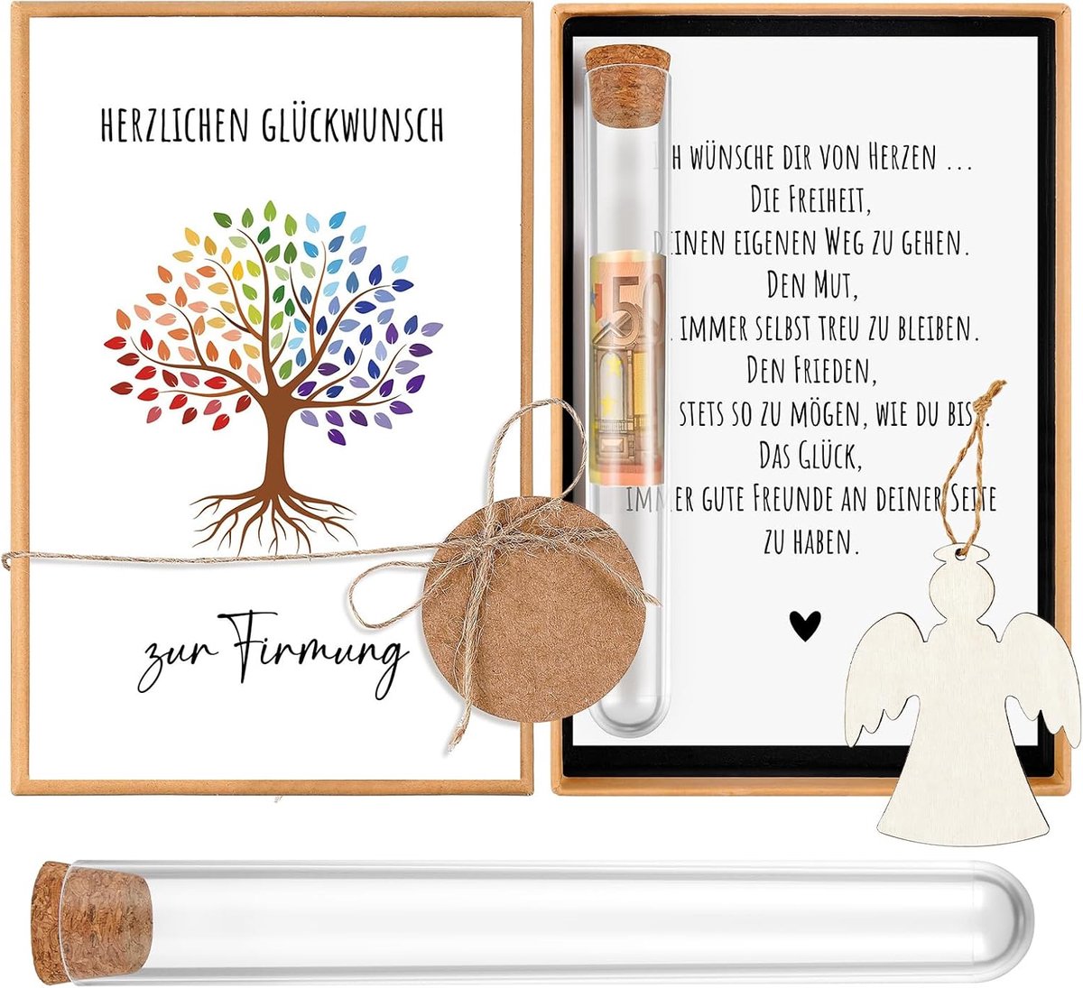 Bevestiging geldgeschenken voor jongens en meisjes, vormkaarten voor jongens en meisjes met geld in reageerbuis, geschenkdoos van hout (boom van het leven)