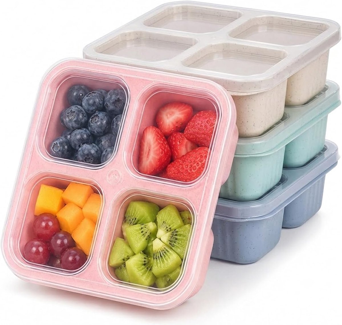 4 vakken, vierkant, lunchbox, bentobox met deksel, voedselopslag, portiebox voor fruit, noten, snacks, maaltijdvoorbereiding, keuken, picknick, kantoor, lunchbox, voorraaddoos