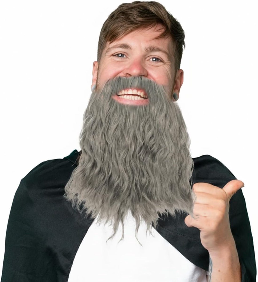 baard, 30 cm, grijze baardpruik, lange krullende tovenaarbaard met elastische band, voor theater-cosplay, verkleedplezier, Halloween en kerstfeest