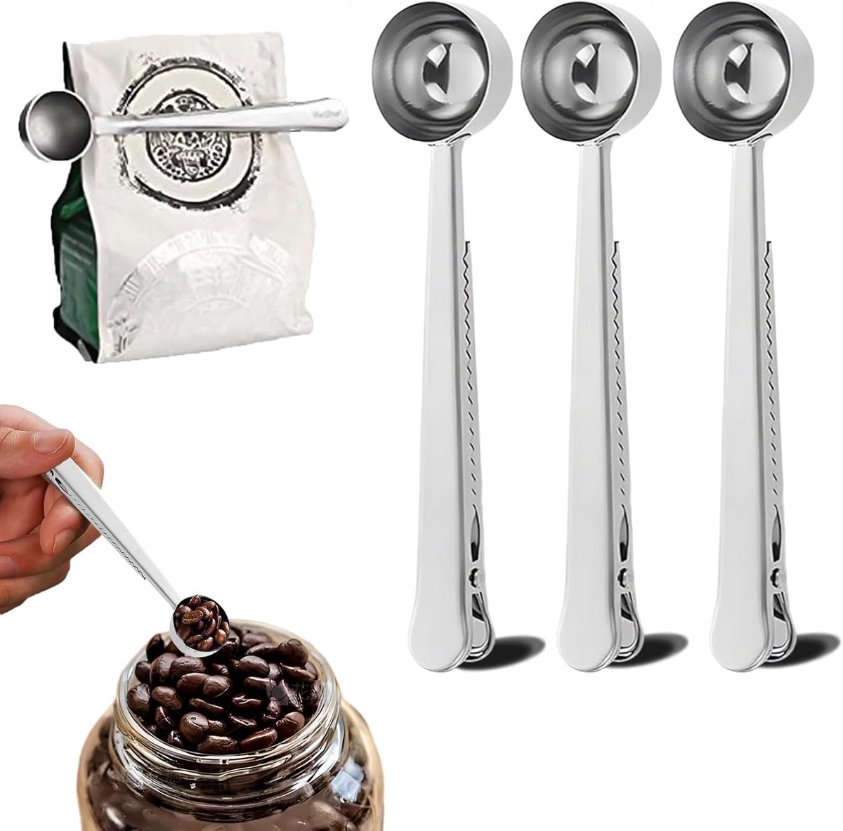3 stuks koffielepels, doseerlepel 15 g, koffielepel roestvrij staal met clip, koffiedoseerlepel, koffiesortioneerlepel, maatlepel, voor koffiebonen, thee (zilver)