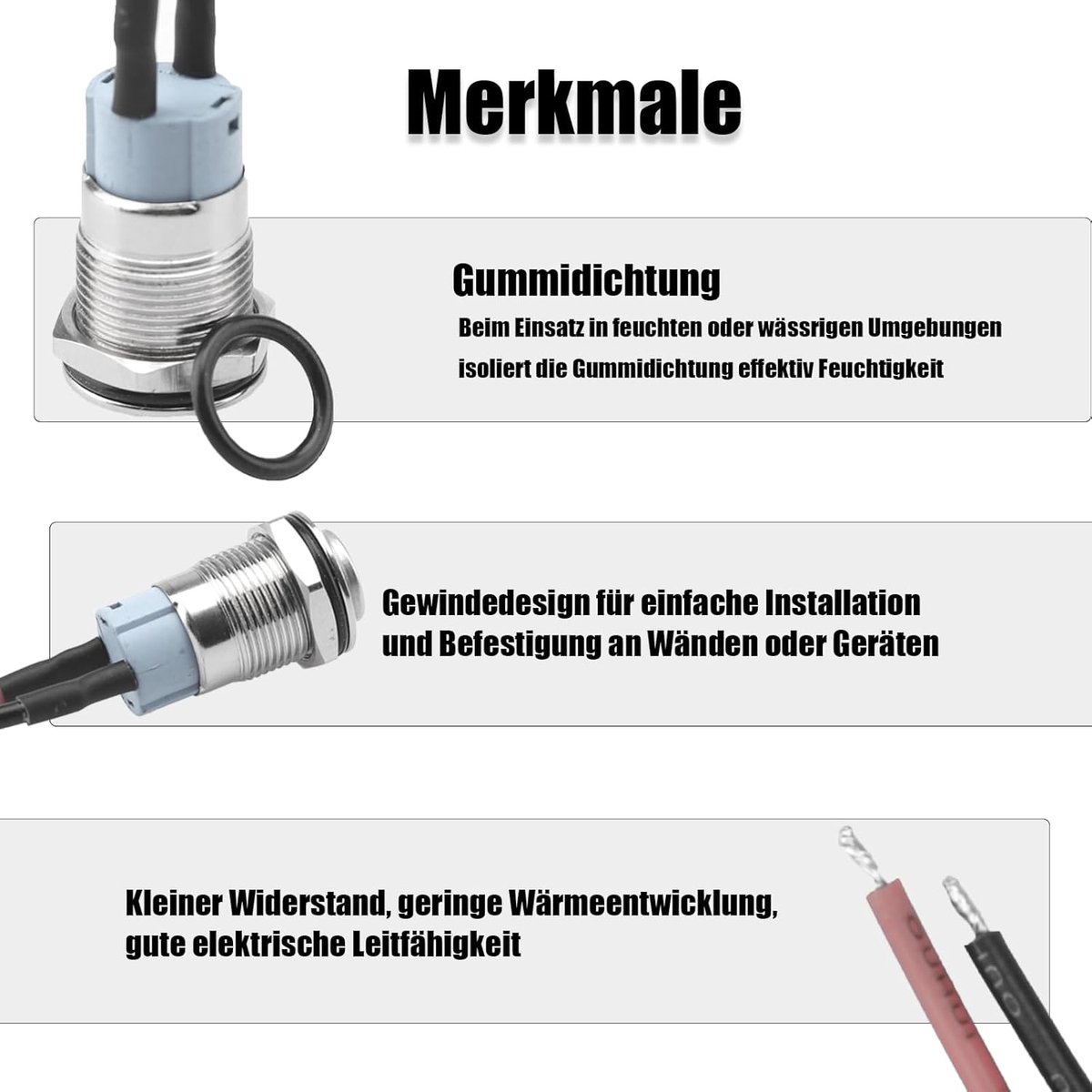 2 x 12 mm waterdichte schakelaar, drukschakelaar, roestvrijstalen zelfvergrendelende knop, 12 V/230 V, geschikt voor signalen, autohorloges, auto's enz. met 20 cm aansluitkabel (uitsteeksel)