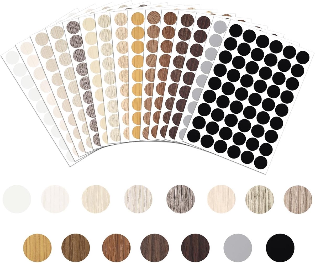 810 Stuks Zelfklevende Schroefhoezen, 15 Vellen 21 mm Meubelstickers, Gatstickers met Houttextuur, Lelijke Schroefgatafdekkingsstickers voor Houten Meubels, Kast, Plank, Plaat