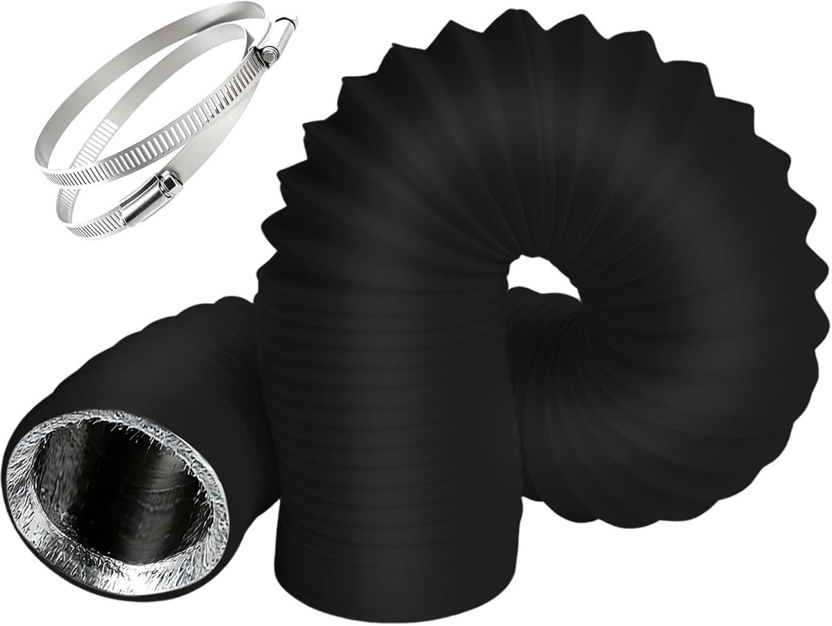 Afvoerleiding voor Droger en Ventilatie 125mm x 3m, Flexibele en Snijbare 5-Lags Buis met Warmte- en Geluidsisolatie, Scheurvast en Geurvrij, Inclusief Klemmen (Zwart+125mm*3m)