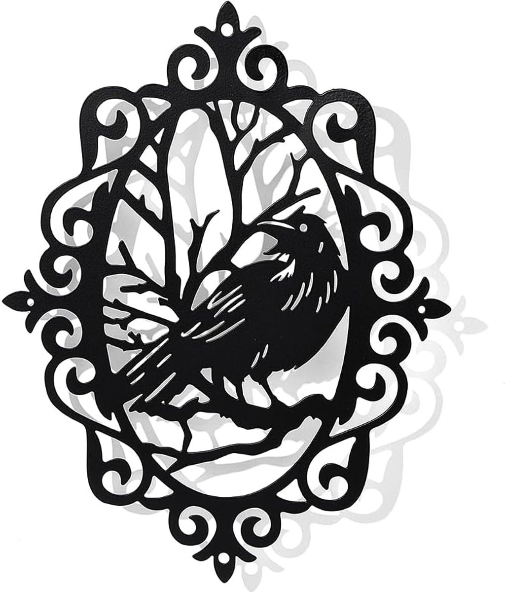 Raven-Gothic metalen muurkunst decor, vintage matzwarte muur opknoping decor vogel silhouet muurkunst voor thuis slaapkamer woonkamer tuin hotel kantoor muur decoratie, 24,5 x 19,5 cm