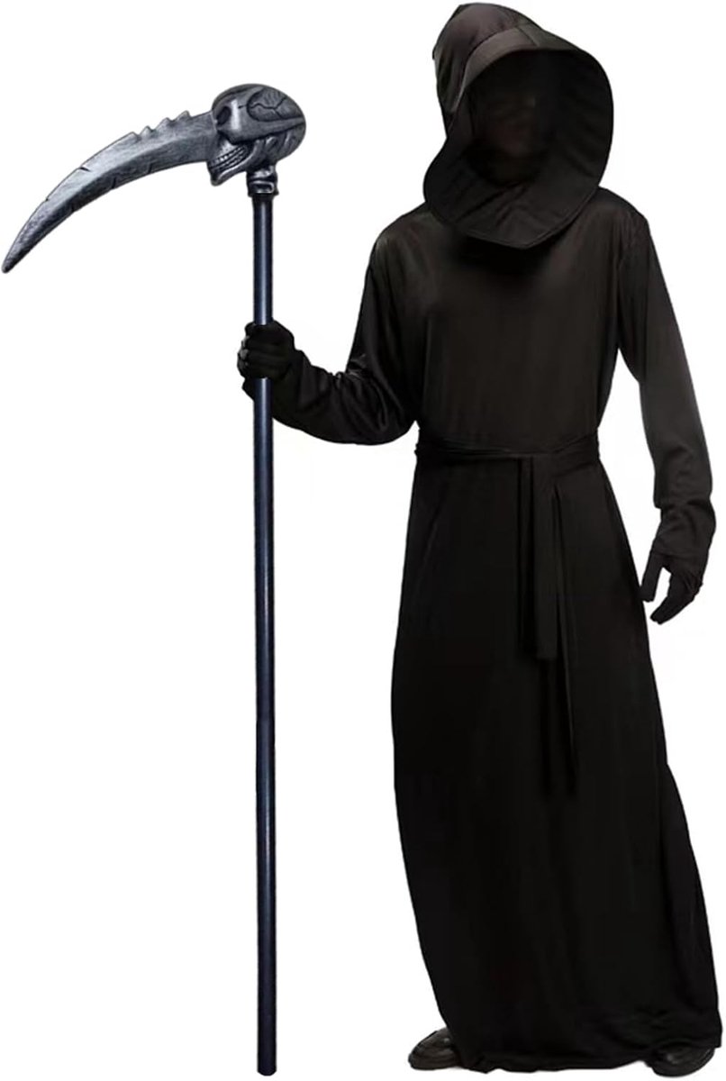 Reaper Kostuum Volwassene Met Zeis, Halloween Mannen Horror Zwart Magere Hein Eng Dodenfeest Voor Halloween Carnaval Cosplay